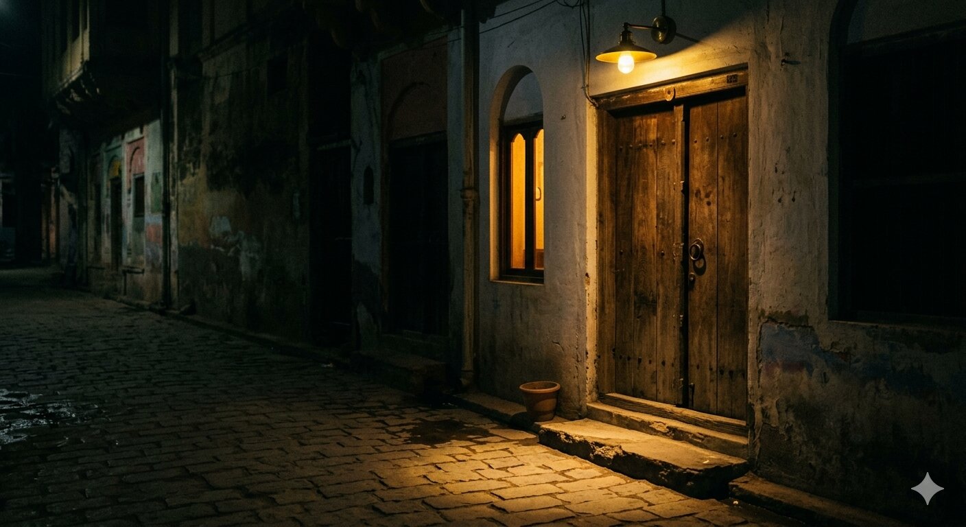The unsigned door of More Over Coffee, night exterior