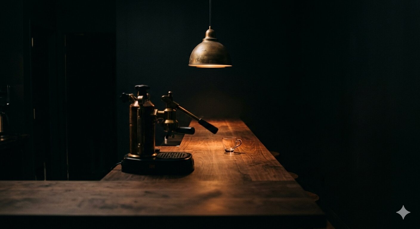 The bar at night, single brass pendant casting warm light