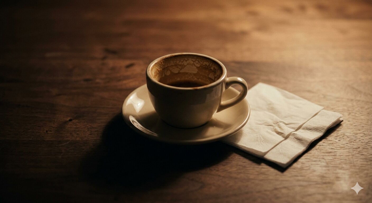 An empty espresso cup on a saucer, remains of foam