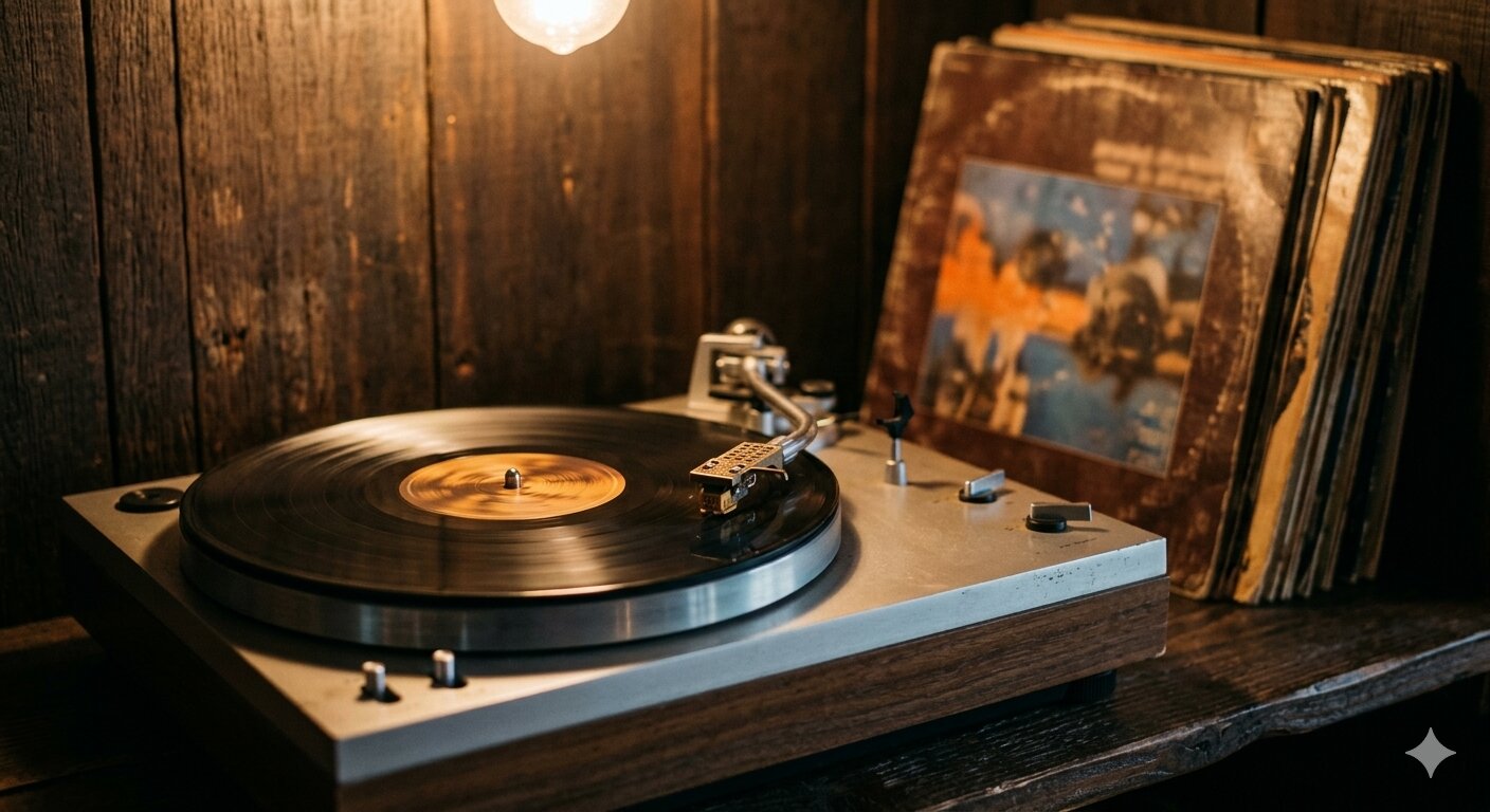 A turntable and stack of vinyl records