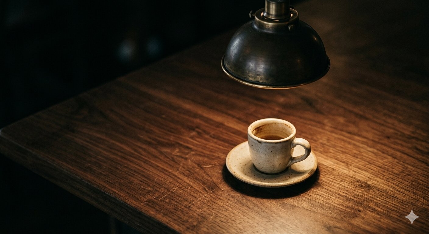 Close-up of the walnut counter and a single brass pendant