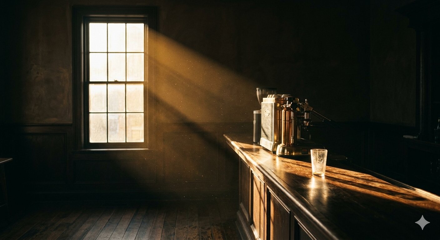 The window at the four o'clock hour, light hitting the bar