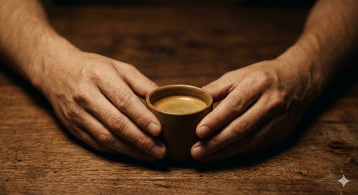 Two hands cradling a ceramic coffee cup, warm tungsten light
